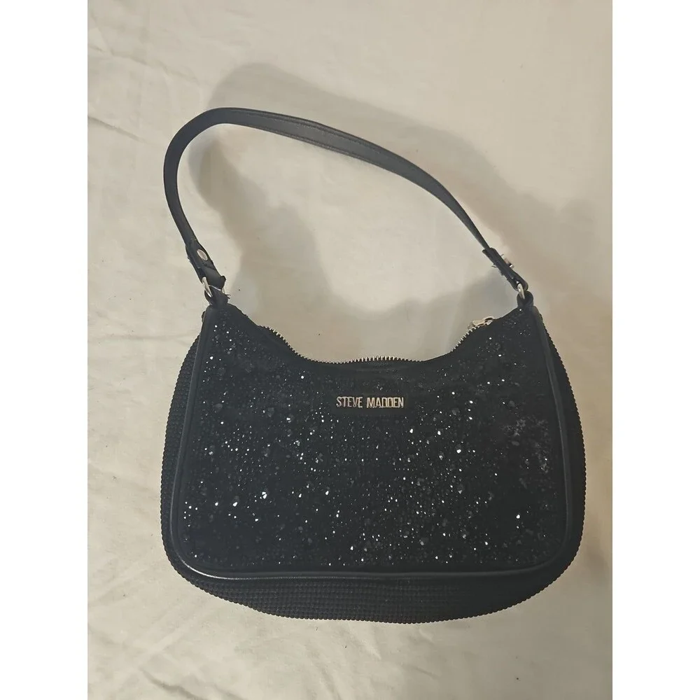 Steve Madden Black Sequin Crescent Shoulder Bag, Zip Closure, Solid Pattern